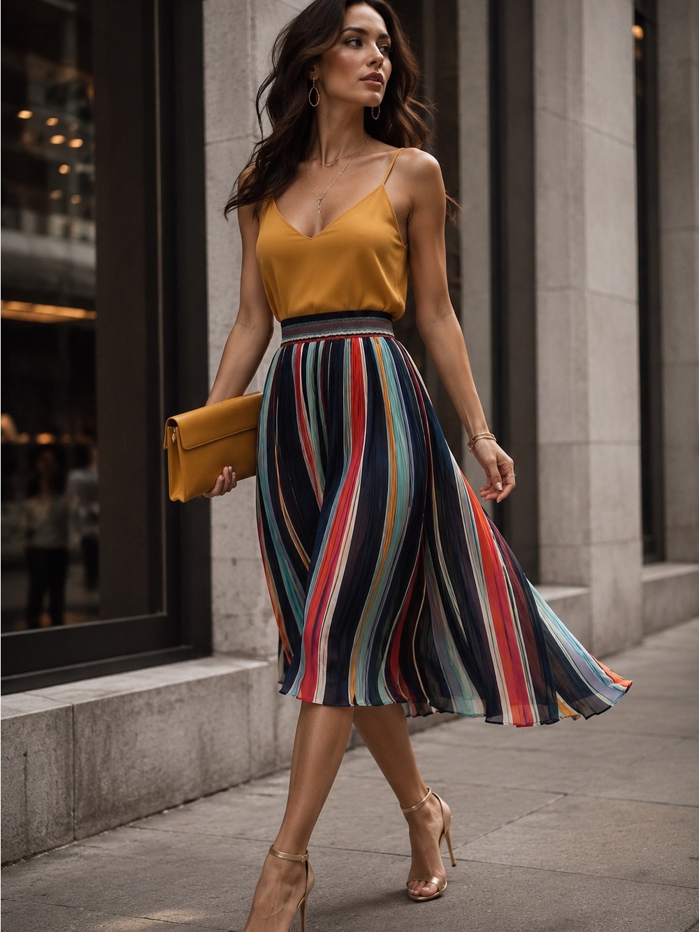 Halogen Multicolor Striped Pleated Chiffon Midi Skirt Size M
